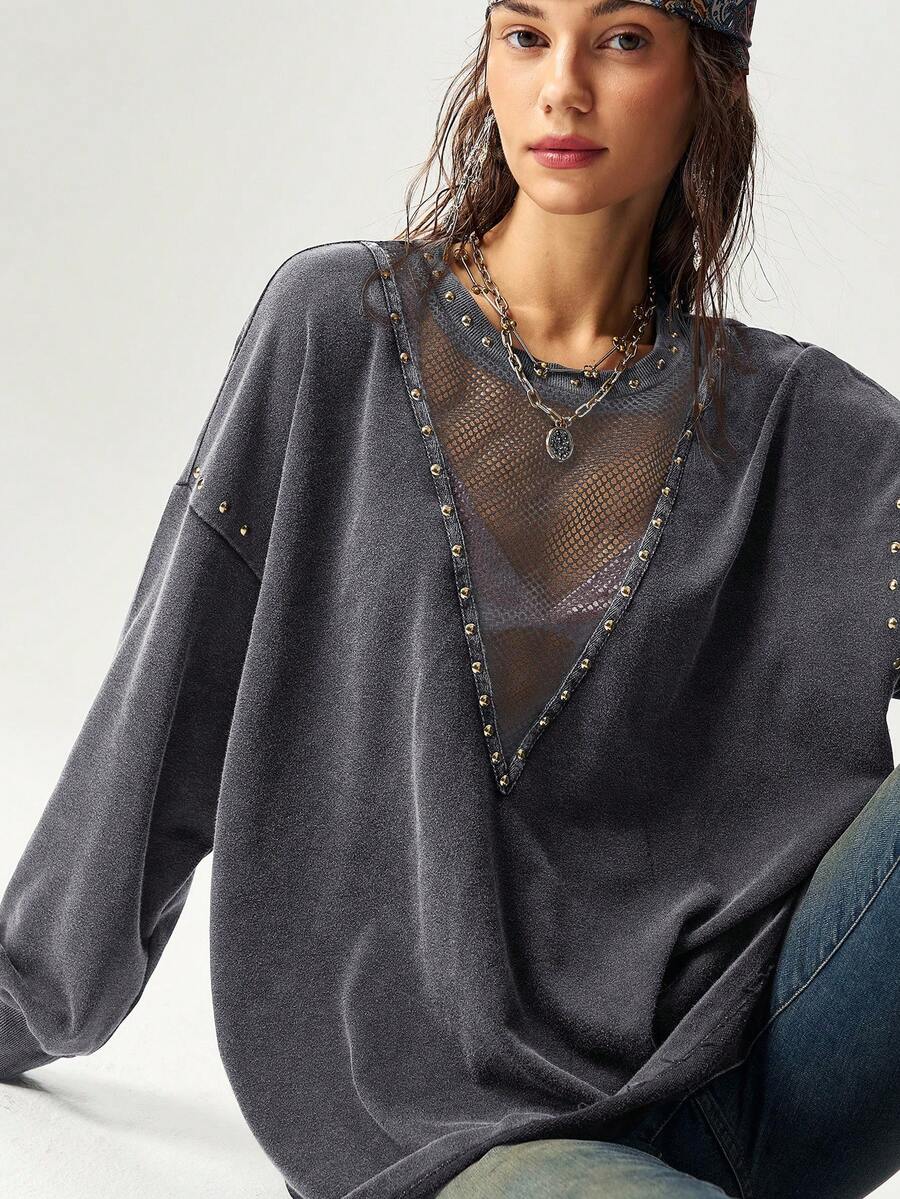 Bohemela Áo sweatshirt nữ dáng rộng, cổ tròn, màu trơn, chất liệu dệt kim, đã qua xử lý giặt, thích hợp mặc thường ngày. - Xám - Xem 1