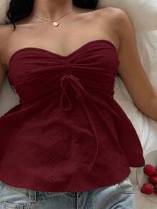 CovetEZ 酒红色针织可爱系带抹胸上衣 - 酒紅色 - 查看 4