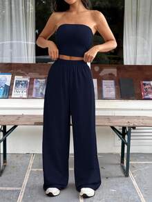 SHEIN EZwear Conjunto de top tubo y pantalones de punto azul marino para mujer, primavera/verano - Azul Marino - Ver 4
