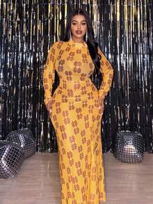 Veslaya 春秋新款优雅性感派对约会晚宴毕业典礼婚礼生日宴会修身透视网纱英文字母印花长袖圆领腰部褶皱大码连衣裙 - A - 棕色 - 查看 8