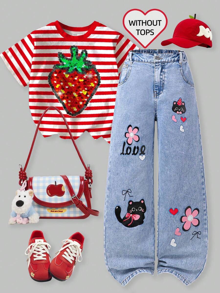 SHEIN ChillGRL 少女时尚新款做旧雪花刺绣阔腿牛仔裤 - 淺色水洗藍 - 查看 1