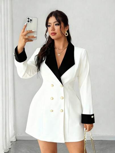 Elenzga Vestido corto de manga larga con botones delanteros y contraste de blanco y negro, tejido, talla grande, adecuado para celebraciones de noche, reuniones con hermanas, citas nocturnas, material de ropa de otoño