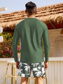 Zalmeno 2pcs Men's Palm Tree Print Long Sleeve Top And Slant Pocket Shorts Set - Multicolor - View 2