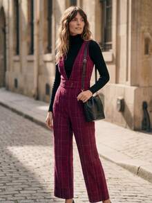 SHEIN LUNE Mono elegante de pana rojo vino con cuello en V sin mangas y ajustado a la cintura para mujer - Burdeos - Ver 3