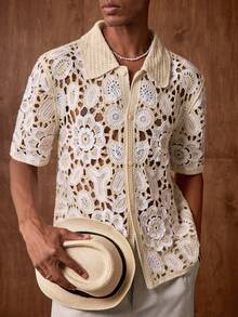 AKNOTIC Business Casual 男士修身翻领短袖休闲针织开衫，适合日常穿着；男士蕾丝衬衫；波西米亚风男士衬衫；白色蕾丝男士衬衫；钩针男士衬衫；开襟针织衬衫 - 杏色 - 查看 2