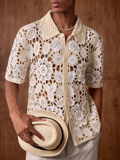 AKNOTIC Business Casual Men's Fitted Turndown Collar Short Sleeve Casual Knit Cardigan, Suitable For Daily Wear