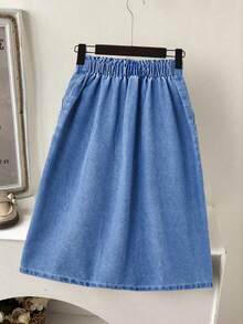 SHEIN 少女水洗蓝牛仔裙，休闲舒适，适合日常穿着，夏季 - 淺色水洗藍 - 查看 2