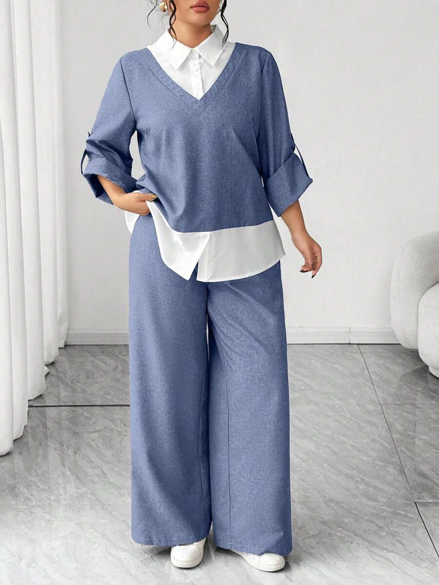 Elenzga Bộ đồ thể thao 2 trong 1 dành cho nữ cỡ lớn, tay áo bo gấu, kiểu dáng thường ngày gồm áo và quần ống rộng. - Nhiều màu - Xem 1