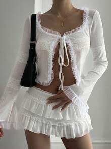 DAZY Women's White Cropped Top With Lace Trim, Tie Front, Hollow Lace Texture, Ruffle Hem, Bell Sleeves, Mesh Fabric, Long Sleeve T-Shirt, Suitable For Summer And Spring - White - View 6