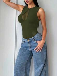 SHEIN SXY Bodysuit Seksi Tanpa Lengan dengan Motif Jala dan Patchwork untuk Wanita - Hijau Tentara - View 4