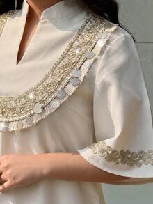 Al Najma Women's Tassel Design V-Neck Short Sleeve Loose Elegant Arabic Dress - Apricot - View 7