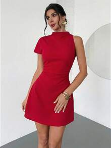 Firerie Women's Elegant Asymmetric Pleated A-Line Mini Dress, Suitable For Daily, Wedding, Party, Music Festival, Vacation - Red - View 6