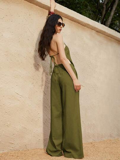 Aveloria GENKIRA Set de 2 piezas de top halter de unicolor con bajo asimétrico y pantalones de pierna ancha sencillos para mujer de vacaciones