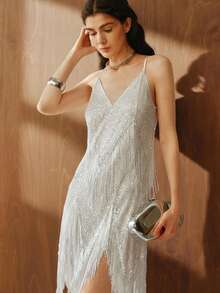 Uhlyne Petite Women's Spaghetti Strap Sequin V-Neck Tassel Hem Dress - White - View 1