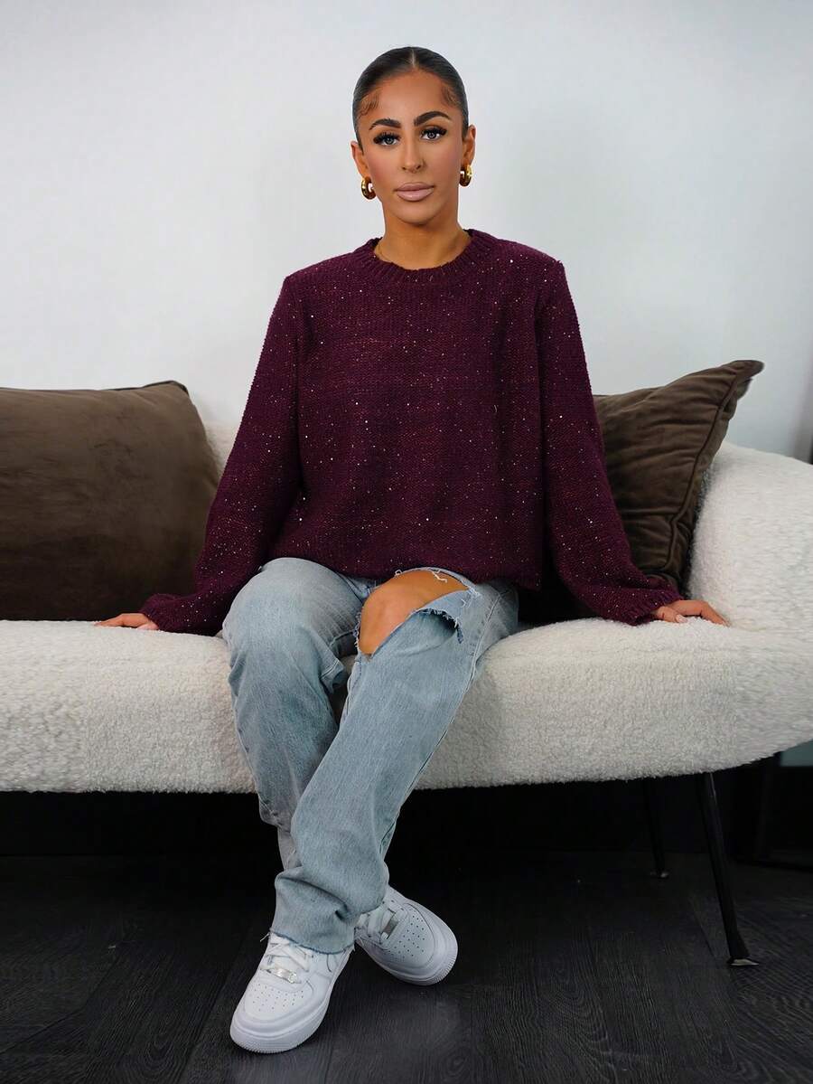 SAYEHFBABY Women's Casual Sequin Crew Neck Sweater, Autumn - Burgundy - View 1