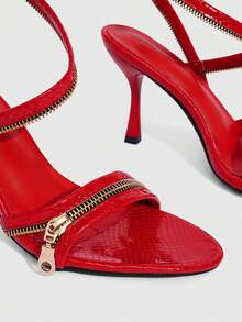 CUCCOO SZL Women's Pointed Toe Zipper Design Fashionable Elegant High Heel Sandals - Red - View 7
