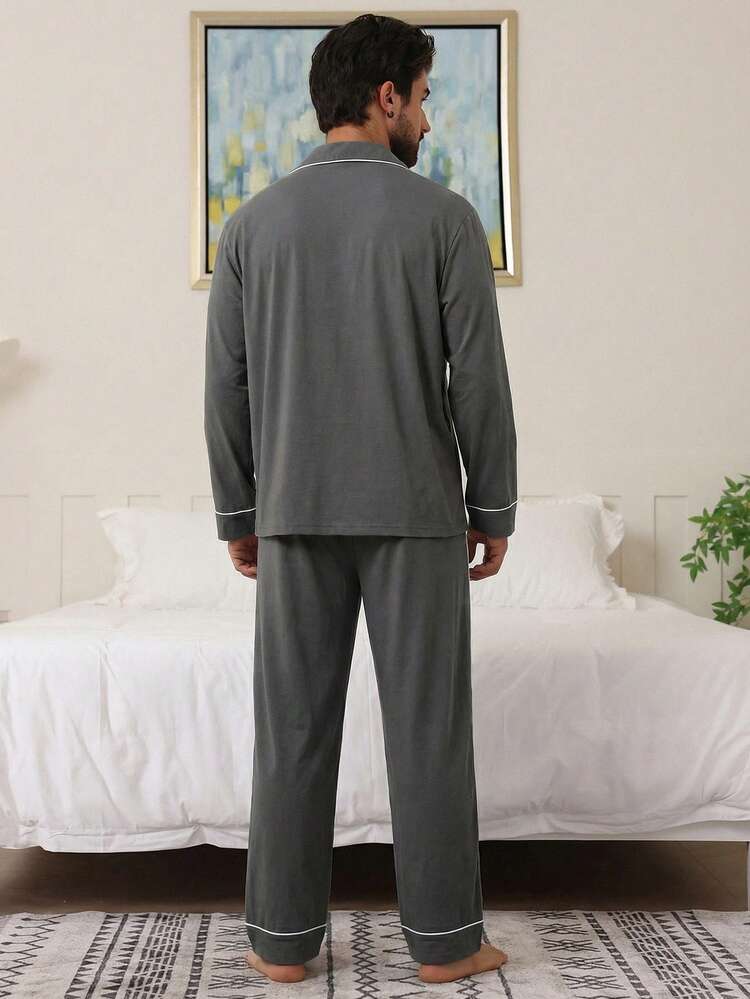 Spring/Autumn Men's Contrast Color Shirt & Gray Drawstring Pajama Set