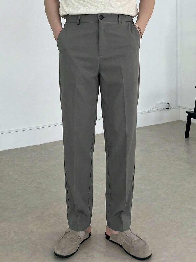 Men's Solid Gray Elastic Fabric Slim Fit Pants, Spring