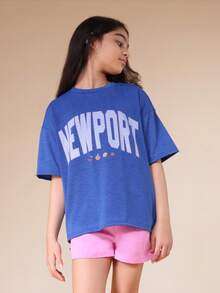 SUMWON Newport Print T-Shirt Co-Ord Set With Elastic Waist Shorts For Summer Casual Wear Vacation - Blue - View 3