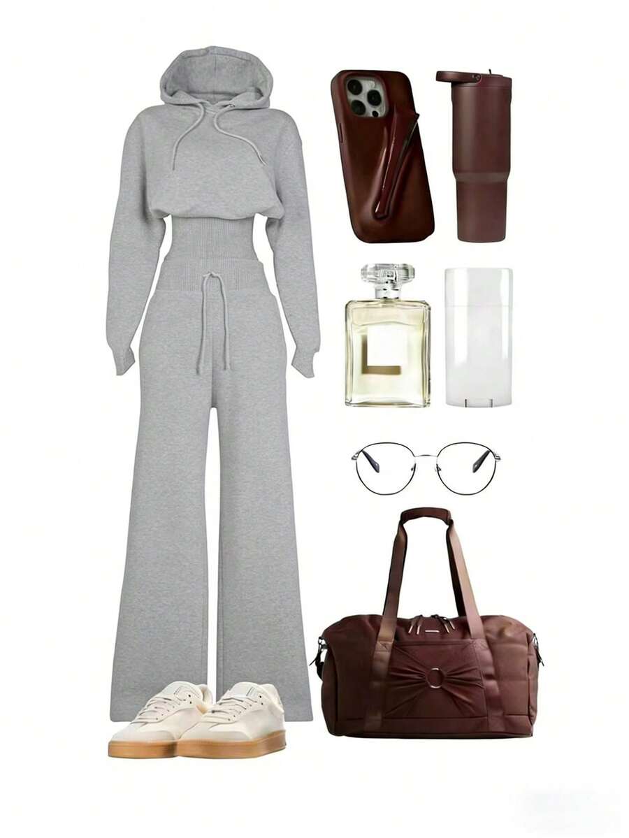 INAWLY Bộ 2 món áo hoodie rộng rãi và quần ống rộng dành cho nữ (kiểu dáng thường ngày). - Xám - Xem 1