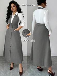 Rafferiza Khaki Trägerkleid mit Taschenverzierung, taillierter Passform für Damen, Herbst - Grau - Übersicht 1