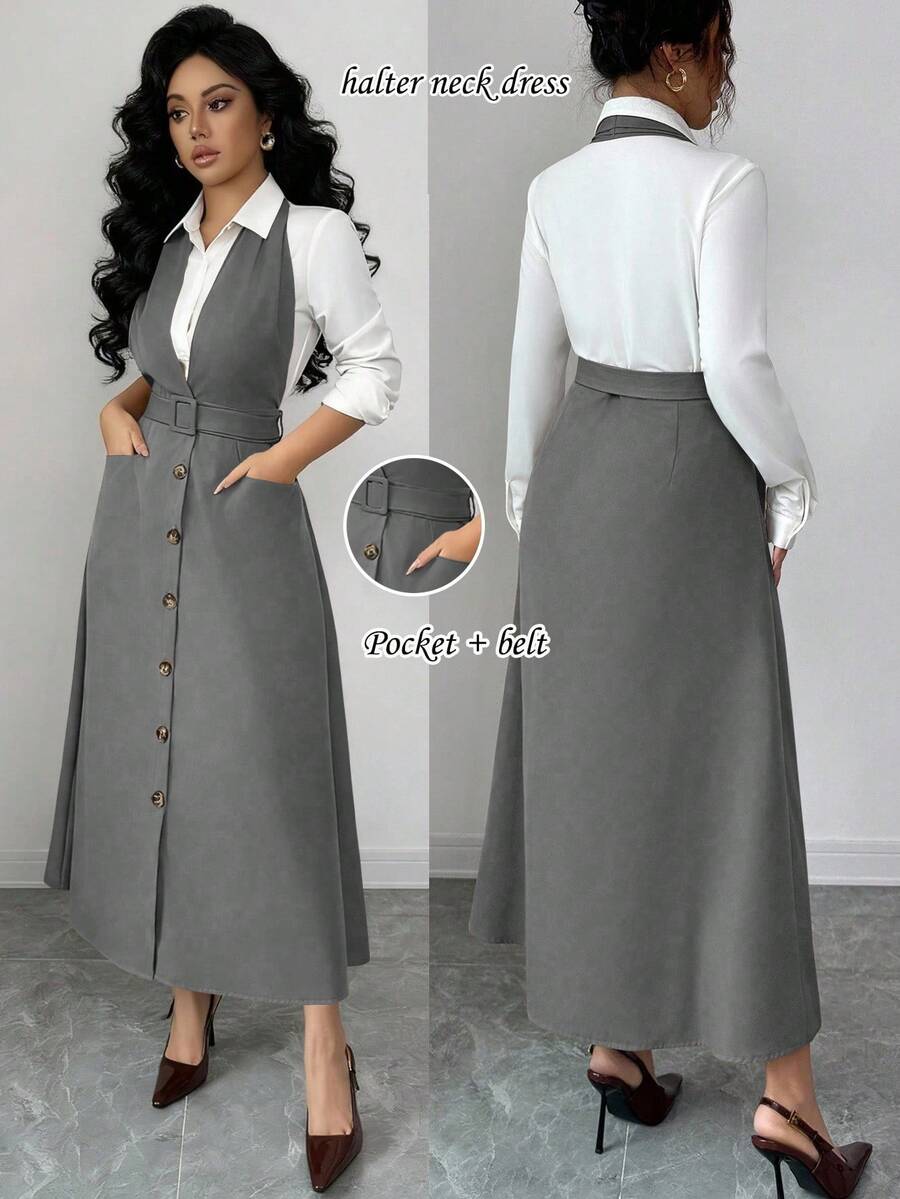 Rafferiza Khaki Trägerkleid mit Taschenverzierung, taillierter Passform für Damen, Herbst - Grau - Übersicht 1