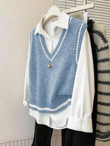 Franclia French Retro Loose V-Neck Sleeveless Knitted Contrast Trim Gray Women Sweater Vest, Suitable For Autumn/Winter - Blue - View 5
