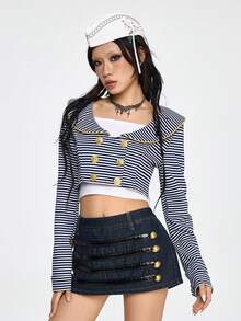 ROMWE Grunge Punk Retro Nautical Navy Blue & White Striped Open Front Short Lightweight Jacket - Blue and White - View 7