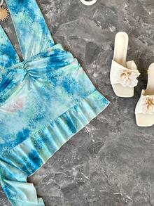 INAWLY Women's Tie-Dye Print Ruffle Hem Halter Neck Sleeveless Dress - Baby Blue - View 6