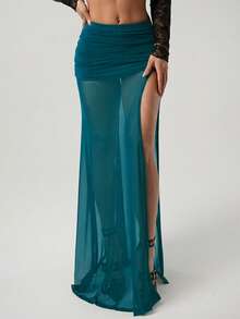 SHEIN ICON 女士时尚性感褶皱高开衩半身裙，夏季 - 水鴨藍 - 查看 6