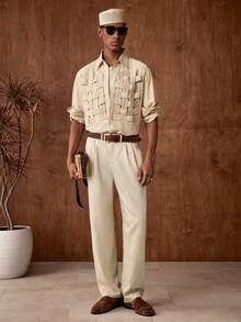 Business Casual AKNOTIC 男士人字纹提花宽松裤，适合圣诞派对、商务休闲、秋季穿着，可作为送给男友的礼物。另有男士高腰阔腿裤、百褶西装裤、宽松奶油色工装裤等款式可选。 - 白色 - 查看 5