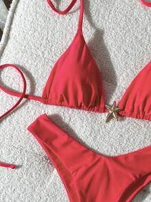Swim Mod 女士纯色细肩带金属装饰性感比基尼套装，夏季 - 紅色 - 查看 3