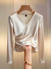 Franclia Women's Casual Champagne Knitted Fabric Ruched Notched V Neck Regular Long Sleeve T-Shirt - Champagne - View 1