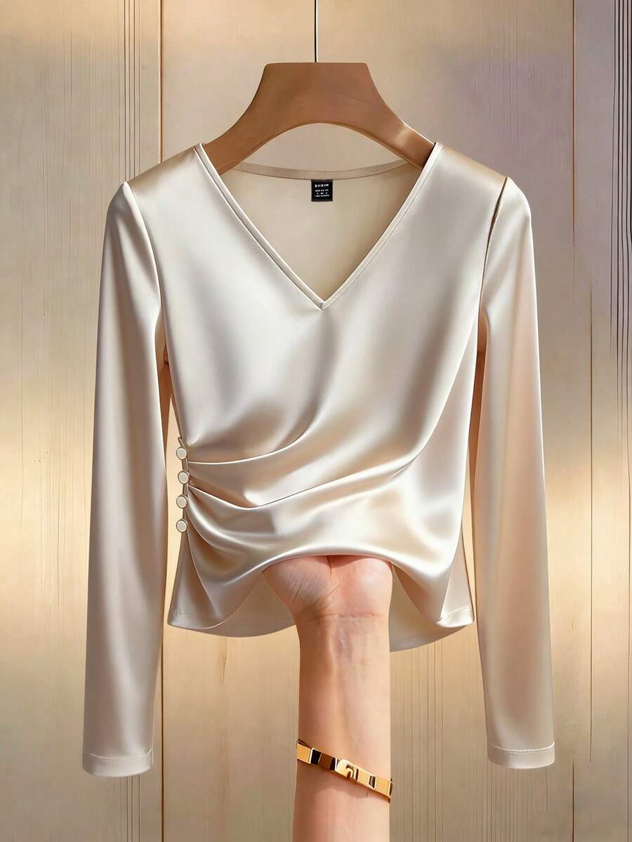 Franclia Women's Casual Champagne Knitted Fabric Ruched Notched V Neck Regular Long Sleeve T-Shirt - Champagne - View 1
