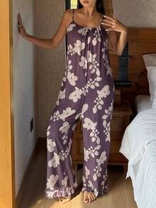 DAZY Floral All-Over Print Loose Women's Sleepwear Jumpsuit - Purple - View 7