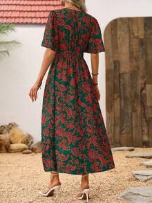 Breezaya Đầm maxi nữ kiểu dáng thắt nút xoắn phía trước, in hoa, xẻ tà bên hông, hở lưng. - Màu xanh Ô liu - Xem 2