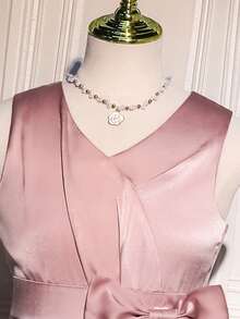 1pc Tween Girl Elegant Satin Sleeveless Waist Cinched Ruched Detachable Bow Decor Maxi Dress, Suitable For Daily, Party, Wedding, Spring/Summer - Pink - View 4
