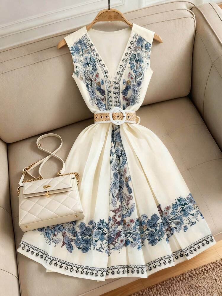 SHEIN Franclia Vestido maxi floral de cuello en V profundo, elegante y romántico, con estampado floral, estilo de vacaciones en la playa, adecuado para uso diario (con cinturón) - Multicolor - Añade 3