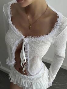 DAZY Women's White Cropped Top With Lace Trim, Tie Front, Hollow Lace Texture, Ruffle Hem, Bell Sleeves, Mesh Fabric, Long Sleeve T-Shirt, Suitable For Summer And Spring - White - View 2