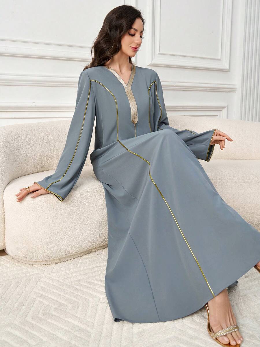 Al Najma Đầm dài tay cổ chữ V thanh lịch kiểu Ả Rập dành cho nữ, viền ruy băng. - màu xanh lá - Xem 1