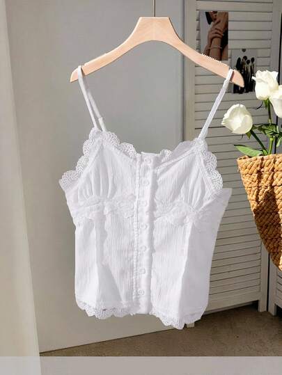 SHEIN Camiseta de tirantes casual con encaje floral para niñas, adecuada para salir, usar de vacaciones, verano