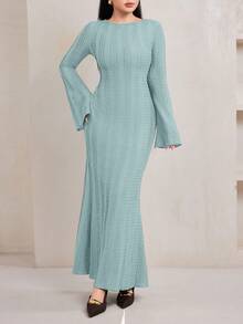 Veilorie 优雅针织提花喇叭袖女式连衣裙 - 藍色 - 查看 5