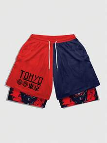 ROMWE MEN Anime Quần short nam in họa tiết hoạt hình phối màu, kiểu dáng thường ngày, thích hợp cho mùa hè. - Nhiều màu - Xem 3