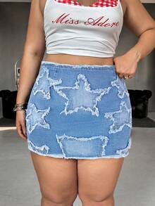 SHEIN ICON Plus Size Sexy Tight Stretch Denim Mini Skirt, Black - Light Wash - View 3