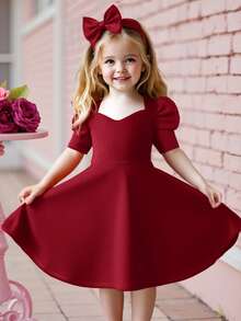 SHEIN Đầm thường ngày tay phồng màu trơn cho bé gái - Màu Đỏ Sâu - Xem 6