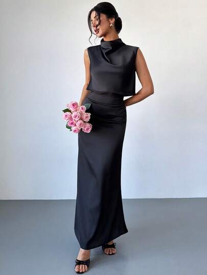 Firerie Women's Elegant Romantic Date Party Outdoor Activity Travel Wear, Black Satin Crepe Ruffle Collar Sleeveless Fitted Camisole Top And High Waist Bodycon Fishtail Hem Skirt Set, Graceful And Slim-Fitting