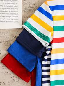 SHEIN 买三送一，4件/套，男女童舒适百搭休闲条纹短袖T恤，带口袋，适合日常穿着、运动、郊游、上学、聚会、节日、摄影、返校季、春夏穿着。 - 寶藍色 - 查看 3