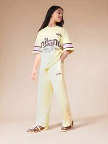 SUMWON Milano Athletic League Oversized T-Shirt And Wide Leg Pants Two Piece Co-Ord Set With Stripe Detail Casual Vacation - Apricot - View 1