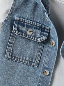 SHEIN Playful Pals 男童两件套：连帽背心搭配宽松多口袋牛仔短裤，浅蓝色水洗薄面料，夏季新款休闲时尚街头风 - 中等水洗藍 - 查看 7