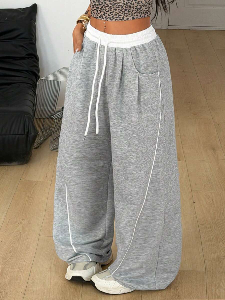 Coolane 女士夏季街头休闲运动必备单品法式灰弹力腰直筒裤